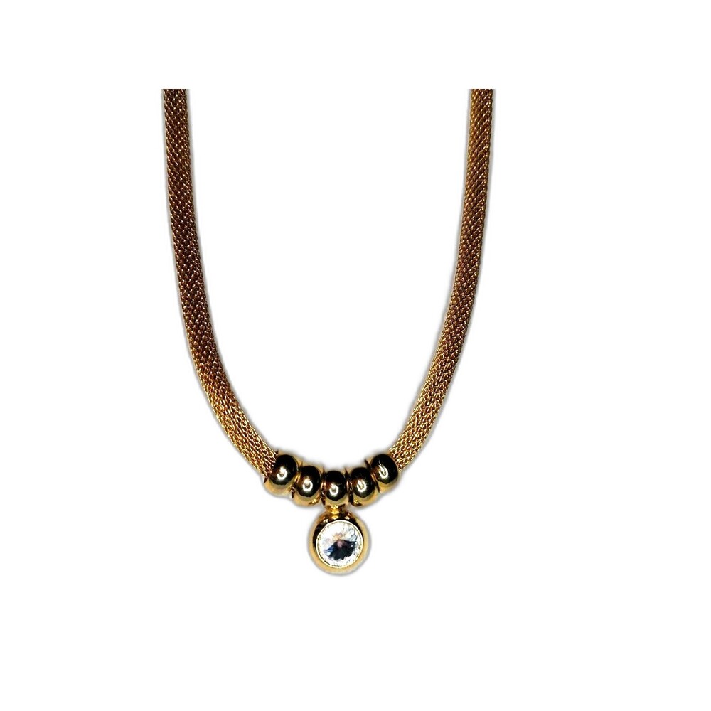 Gold Tone Metal Mesh Tube Necklace Ring Stoned Pendant Circa 1980 Vintage Chain
